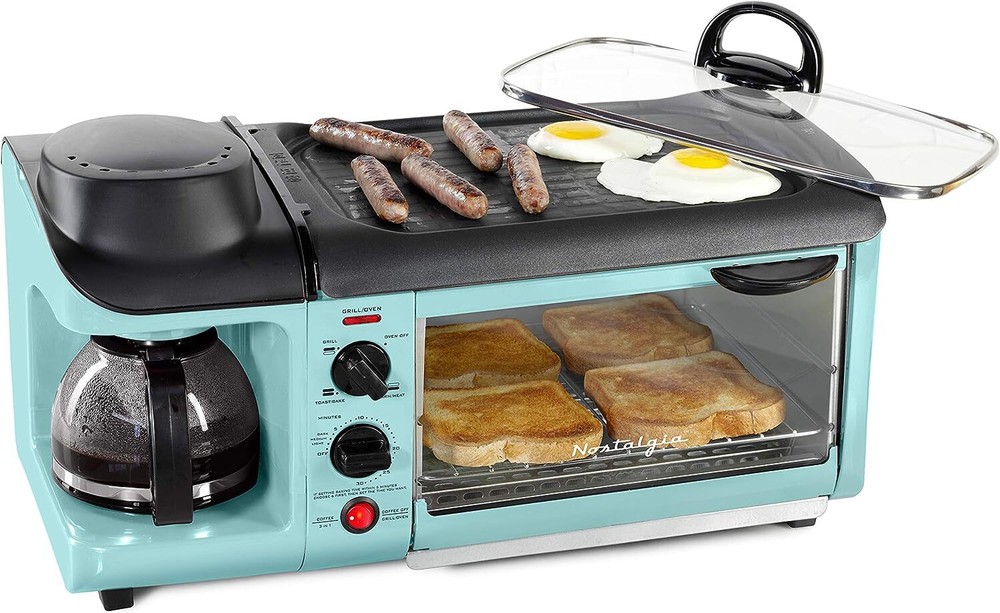 3-in-1 Breakfast Station Coffee Maker Non-Stick Griddle and 4-Slice Toaster Oven