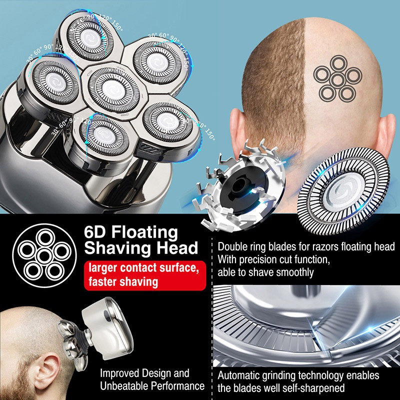 6-in-1 Rotary Electric Shaver 4D Rechargeable Bald Head Hair Beard Trimmer Razor