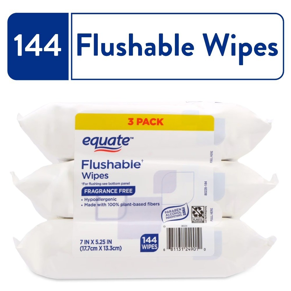 Flushable Wet Wipes Unscented Hypoallergenic 144 Count 3 Pack Biodegradable
