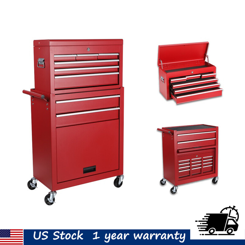 2 in 1 Red Tool Chest with 8 Drawers and Detachable Top for Garage Workshop  