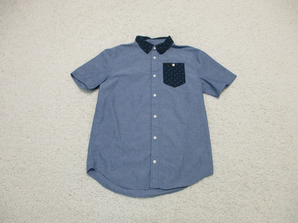 Lee Button Up Shirt Extra Large Youth Blue Casual Pocket Classic Fit Logo Boys