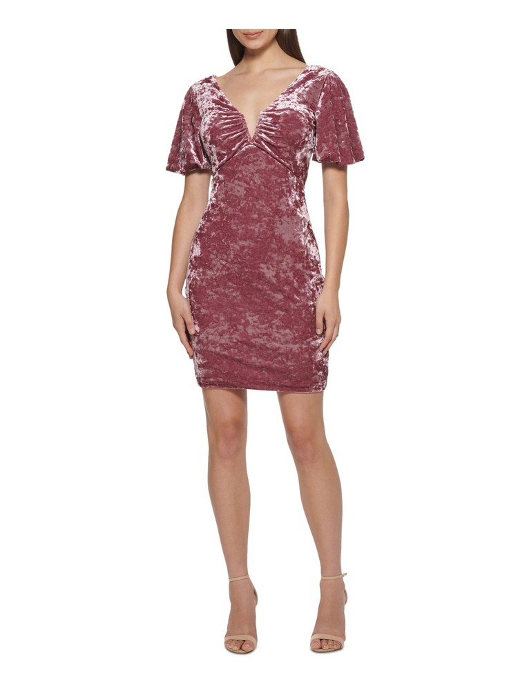 GUESS Womens Burgundy Shirred At Neck Line Pouf Sleeve Short Body Con Dress 2