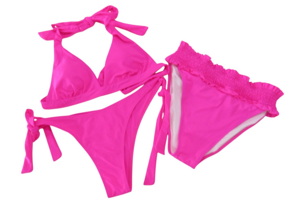 BEACHSISSI 3-Pc PINK Halter Top/Ruffled Hipster Bottoms BIKINI SWIMSUIT SET XL
