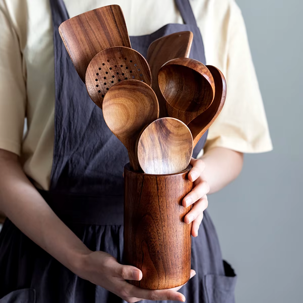 Wood Kitchenware Set Cooking Utensil Spatula Spoon Fork Storage Bucket Home Tool