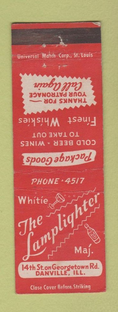 Vintage Lamplighter Liquor Danville IL Matchbook Cover Collectible WEAR