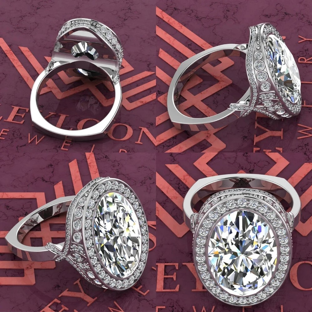 13 Carat Oval Cut D Color Triple Halo Bead Set Euro Shank Moissanite Ring