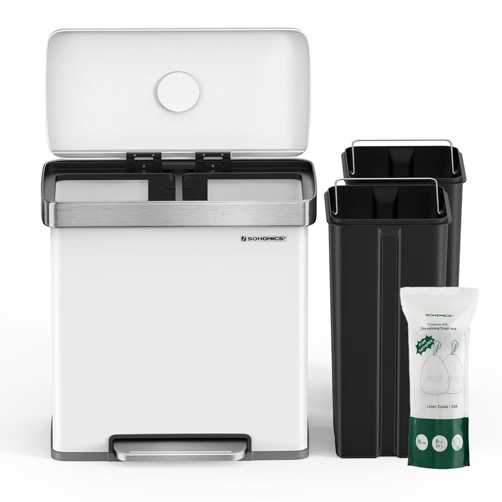 Garbage Bin Trash Can Step On Dual Compartment Stainless Steel 16 Gallon 60Liter