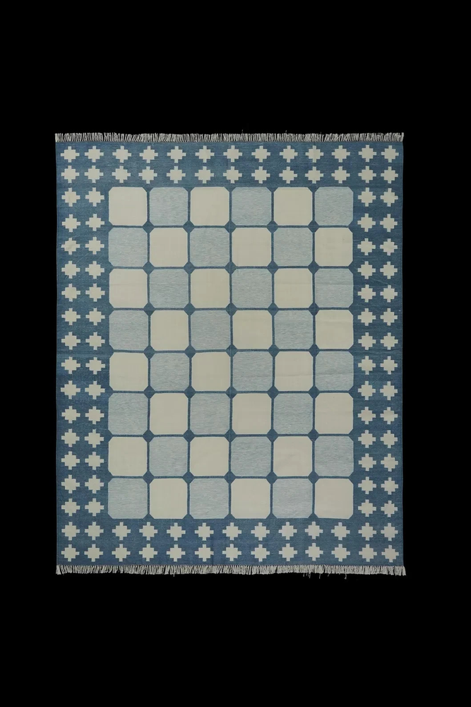 Geometric Handwoven Cotton Dhurrie Rug Color Navy Blue and White Carpet Rug