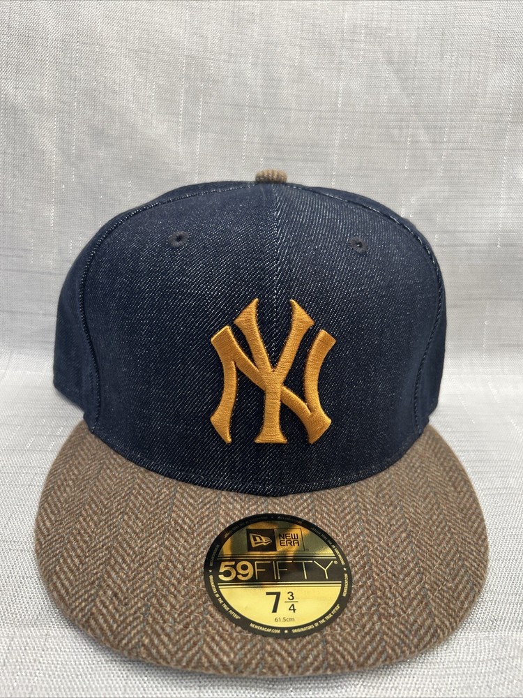 New Era New York Yankees Blue Denim Brown Tweed 59FIFTY Fitted Hat Size 7 3/4