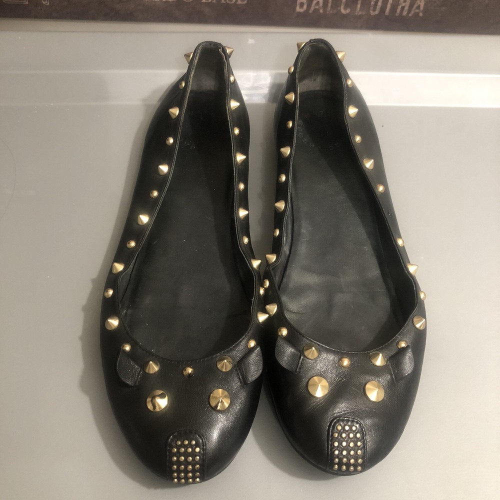 Marc By Marc Jacobs Black Leather Gold Studded Flats. Size 39.5.