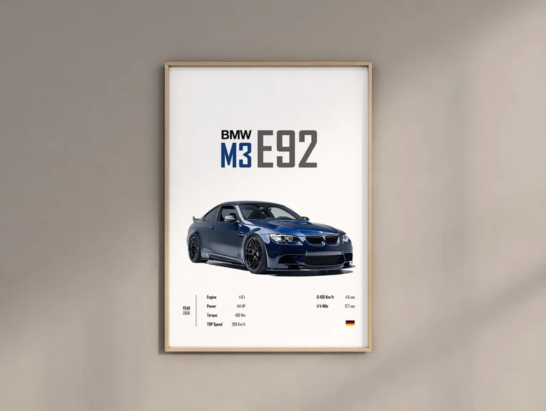 BMW E92 M3 Car Portrait Wall Art Digital Print A1-A4 for Enthusiasts