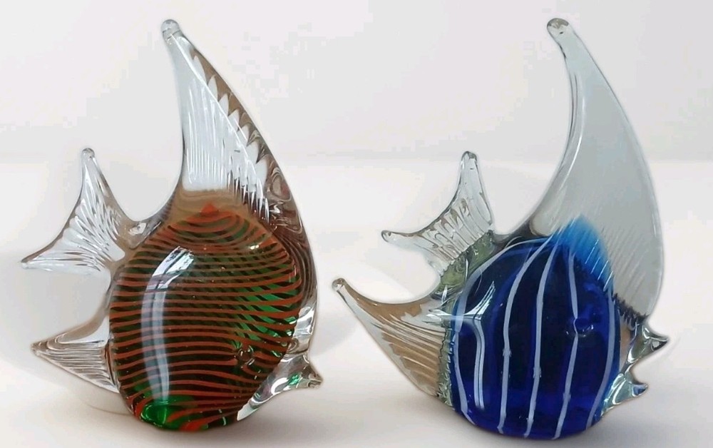 Hand-Blown Art Glass Fish Pair Solid Decorative Figurines Vintage Murano Style
