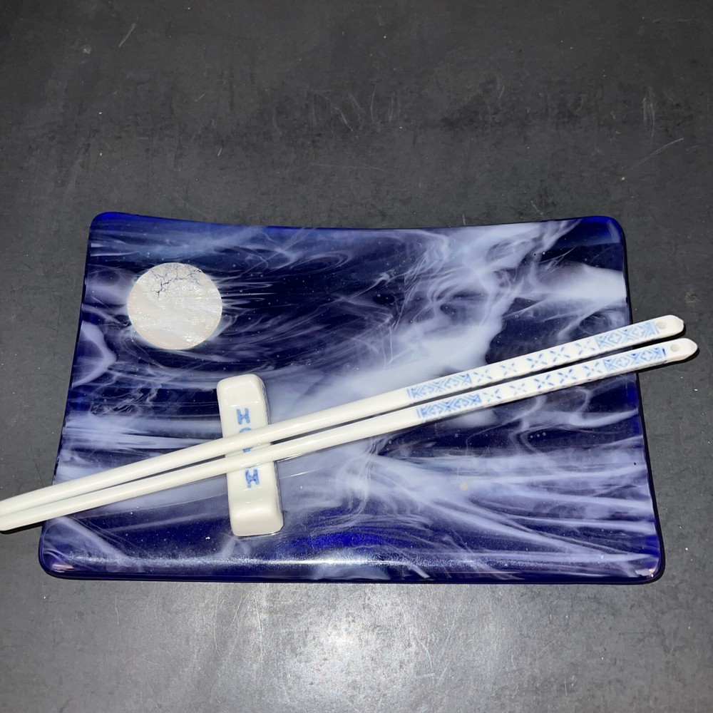 Blue and White Fused Art Glass Sushi Dessert Serving Dish with Chopstick Holder