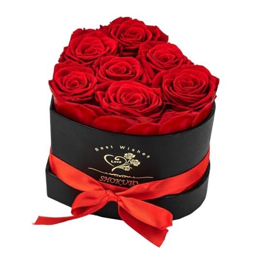 7-Piece Preserved Fresh Roses in Heart Box-Forever Flowers,Birthday Gift Red