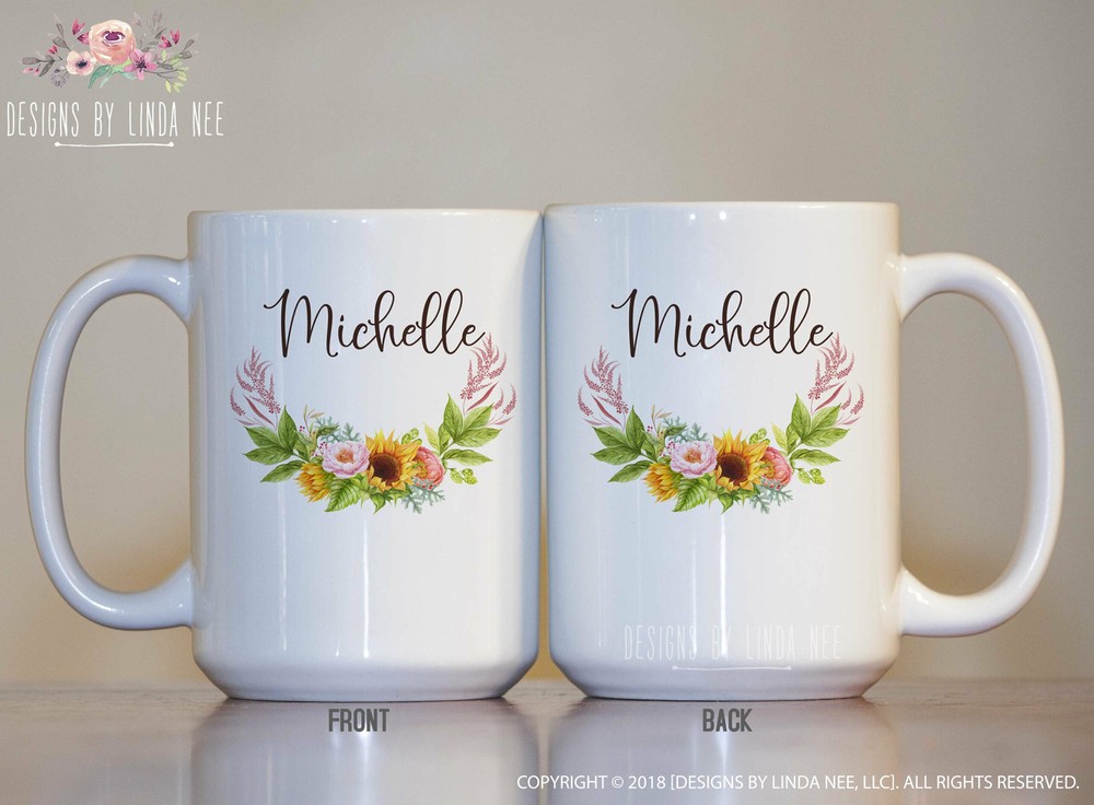 Sunflower Custom Name Floral Mug Travel Mug Personalized Name Coffee Mug