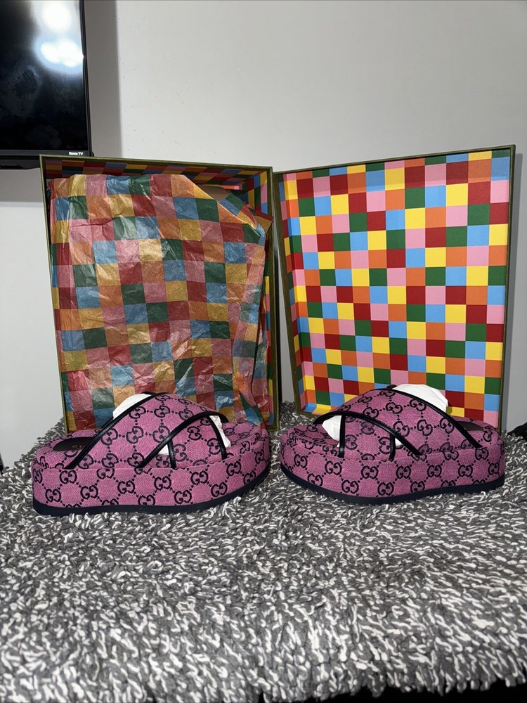 GUCCI Monogram Multicolor Criss Cross Platform Slide Sandals Size 34
