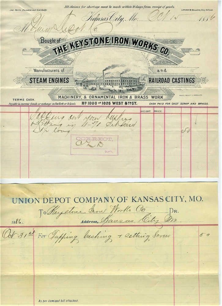 1886 KANSAS CITY MISSOURI BILLHEAD & VOUCHER KEYSTONE IRON WORKS TO UNION DEPOT-image