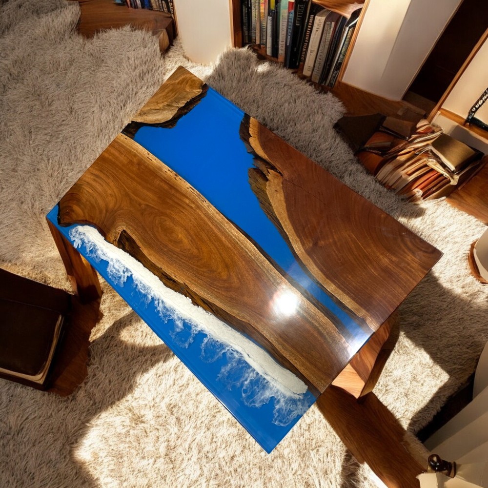 Blue Resin Acacia Wood Dining Table Top for Modern Living Room Decor