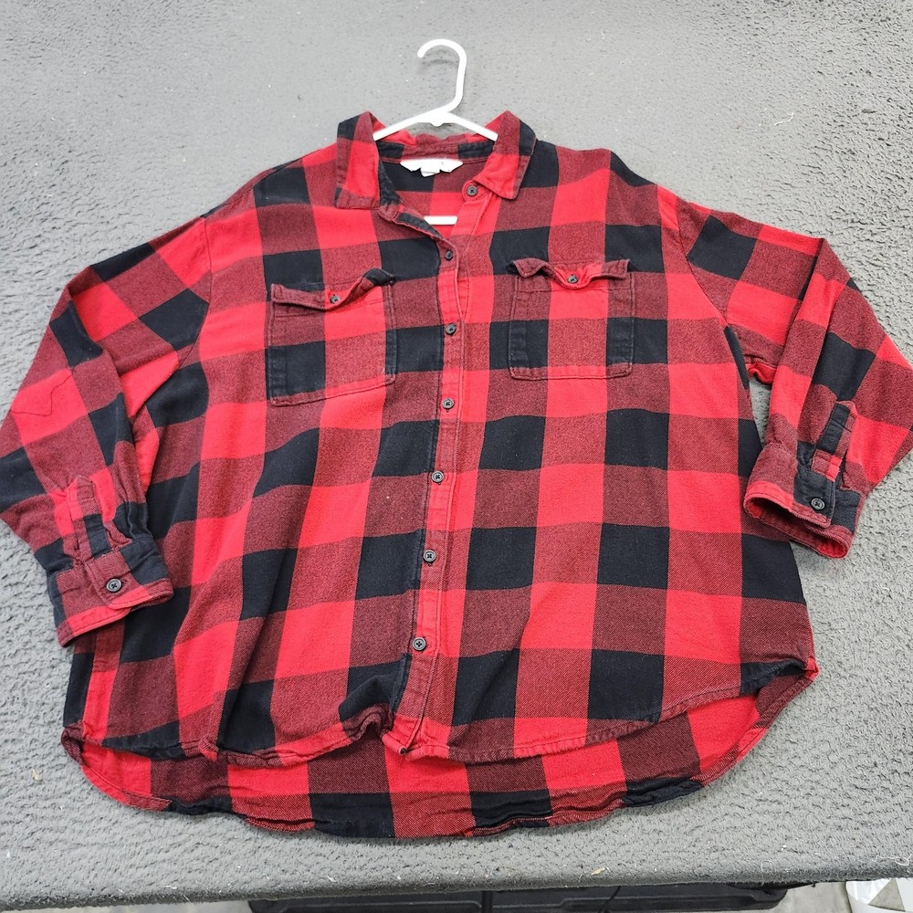 Old Navy Shirt Womens XL Red Black Plaid Boyfriend Flannel Button Up Top