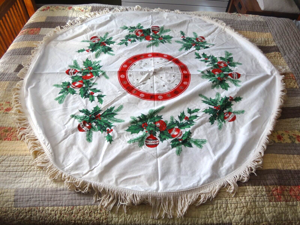 1950s Vintage MCM Christmas Tablecloth with Holly Pine Snow Design 55 Inch Round