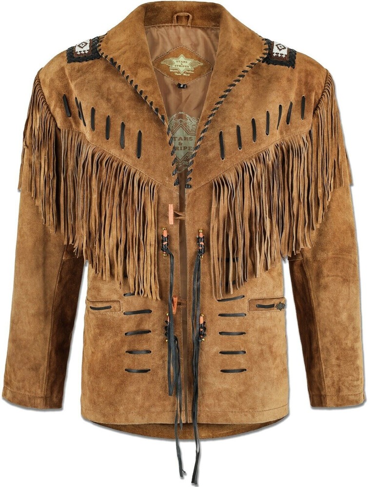 New Men Tan Brown Suede Western Hunter Style Cowboy Leather Jacket With Fringe