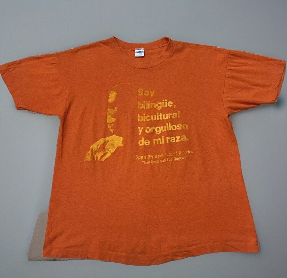 Vintage 70s Champion Blue Bar Bilingual Bicultural Proud Faded Shirt Size Large