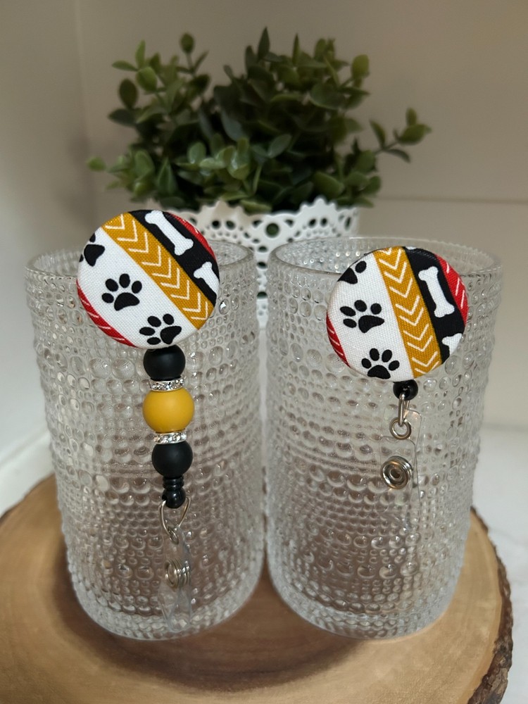 Dog Bones Paws Fall Beads Retractable ID Name Badge Holder teacher Vet Tech