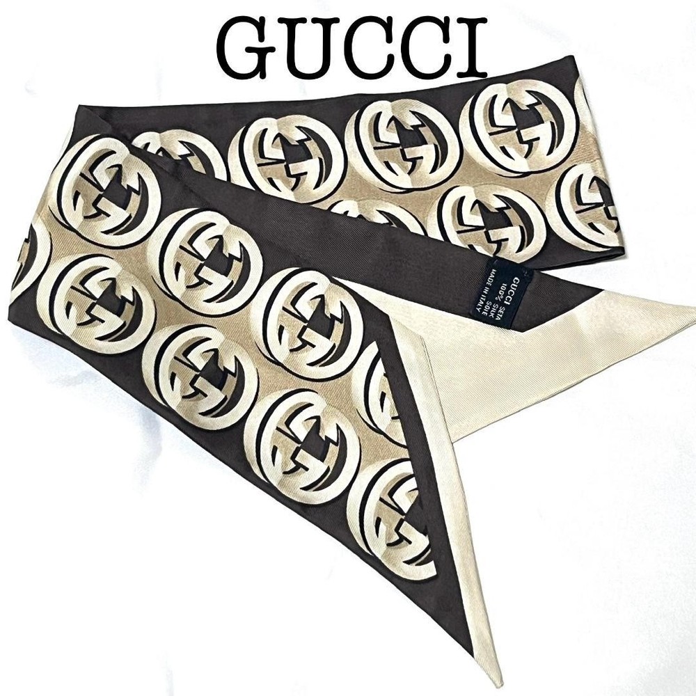 Gucci Brown Interlocking Silk Scarf Made in Japan