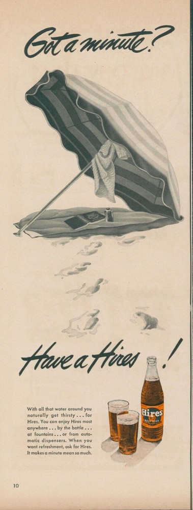 1950 Hires Root Beach Umbrella Ad with Footprints in Sand L40 Got a Minute
