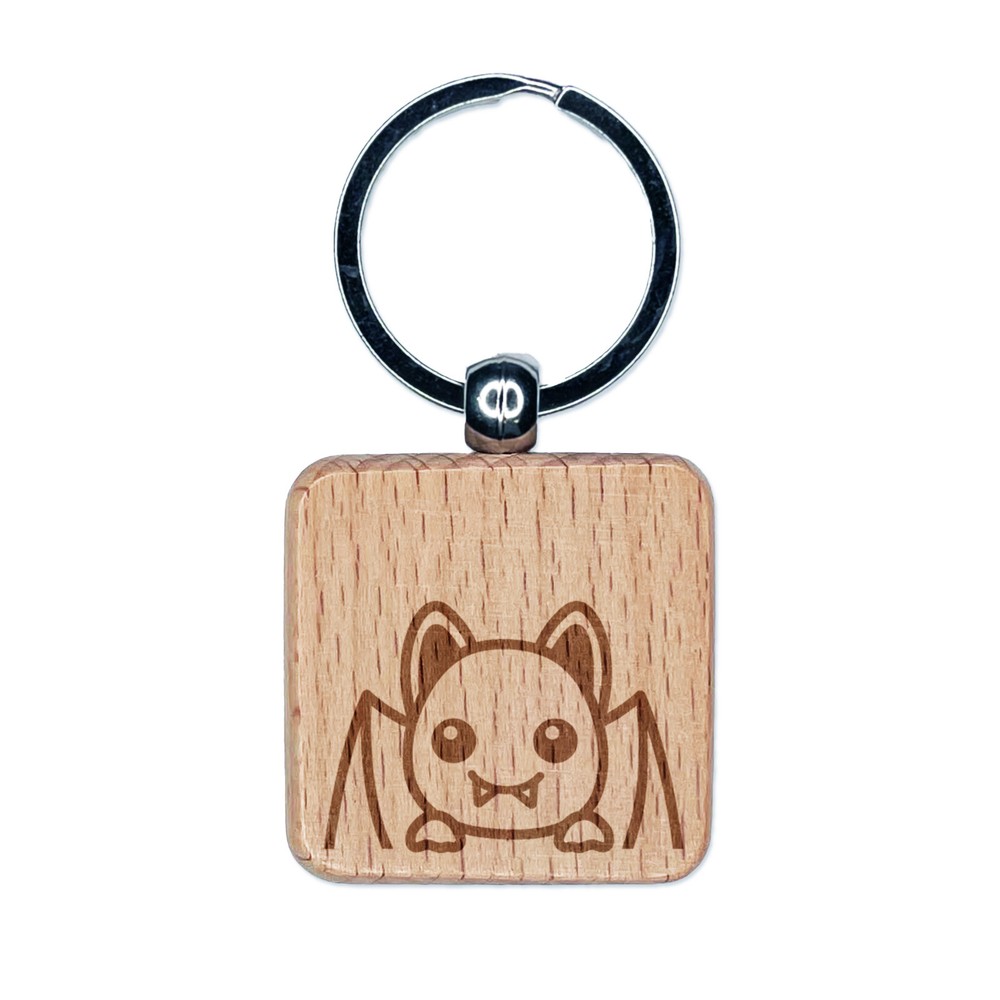 Peeking Bat Halloween Engraved Wood Square Keychain Tag Charm