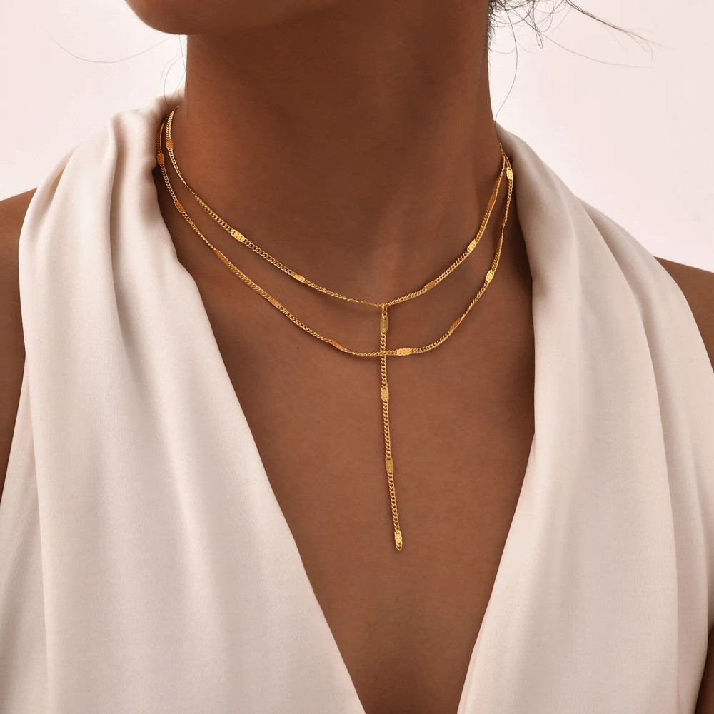 Y-Shaped Tassel Necklace for Women, Gold Double-Layer Chain, Waterproof Jewelry
