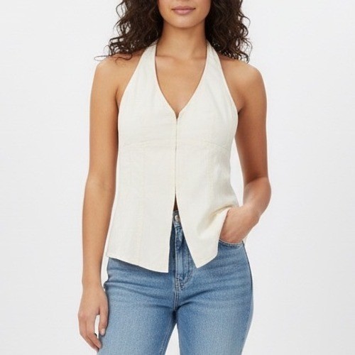 Urban Outfitters UO Sari Vest Women Small Off White Linen Hook & Eye Halter Neck