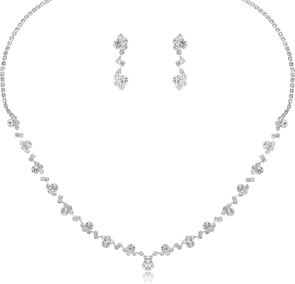 Silver Plated Elegant Necklace Earrings Bride Bridesmaid Jewelry Sets for Wed...