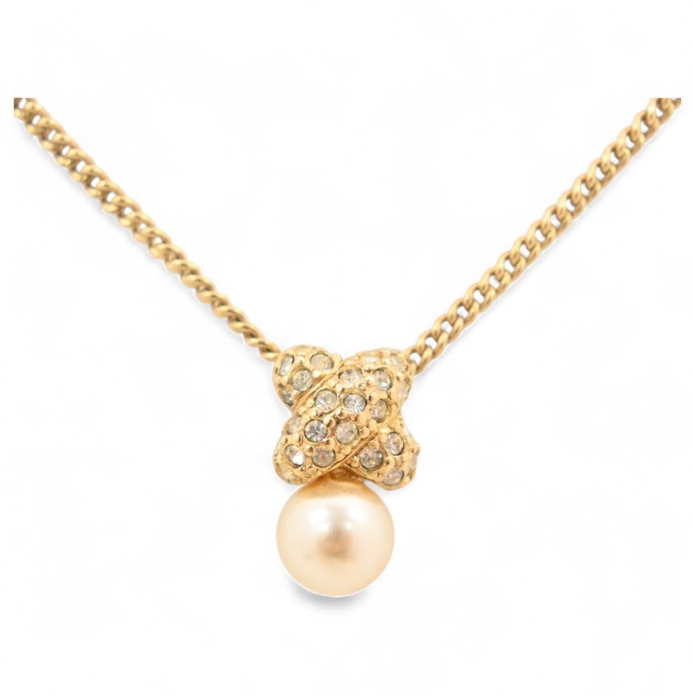 Auth Dior Pearl Necklace CD Gold di6607kt