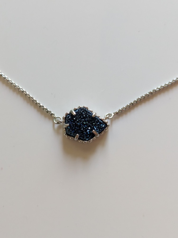 Kendra Scott Tess Blue Drusy Silver Pendant Necklace with Dust Bag BNIB