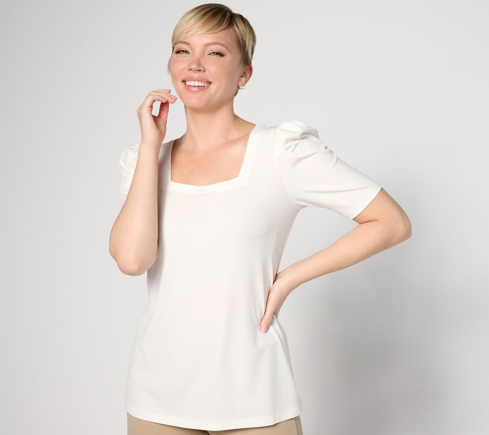 Susan Graver Women's Top Plus Sz 5X Liquid Knit Square Neck with White A634043