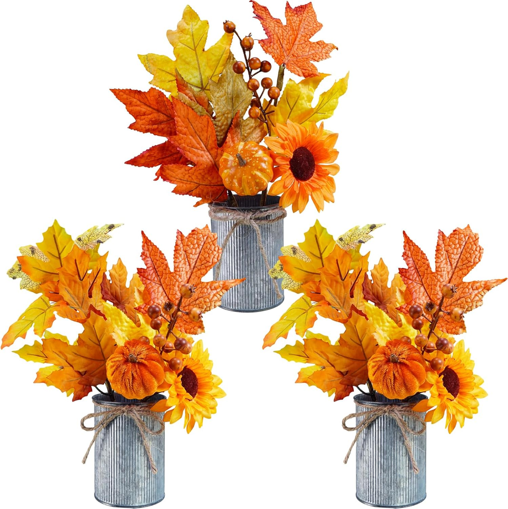3 Pack Fall Faux Potted Plants Rustic Thanksgiving Floral Arrangements