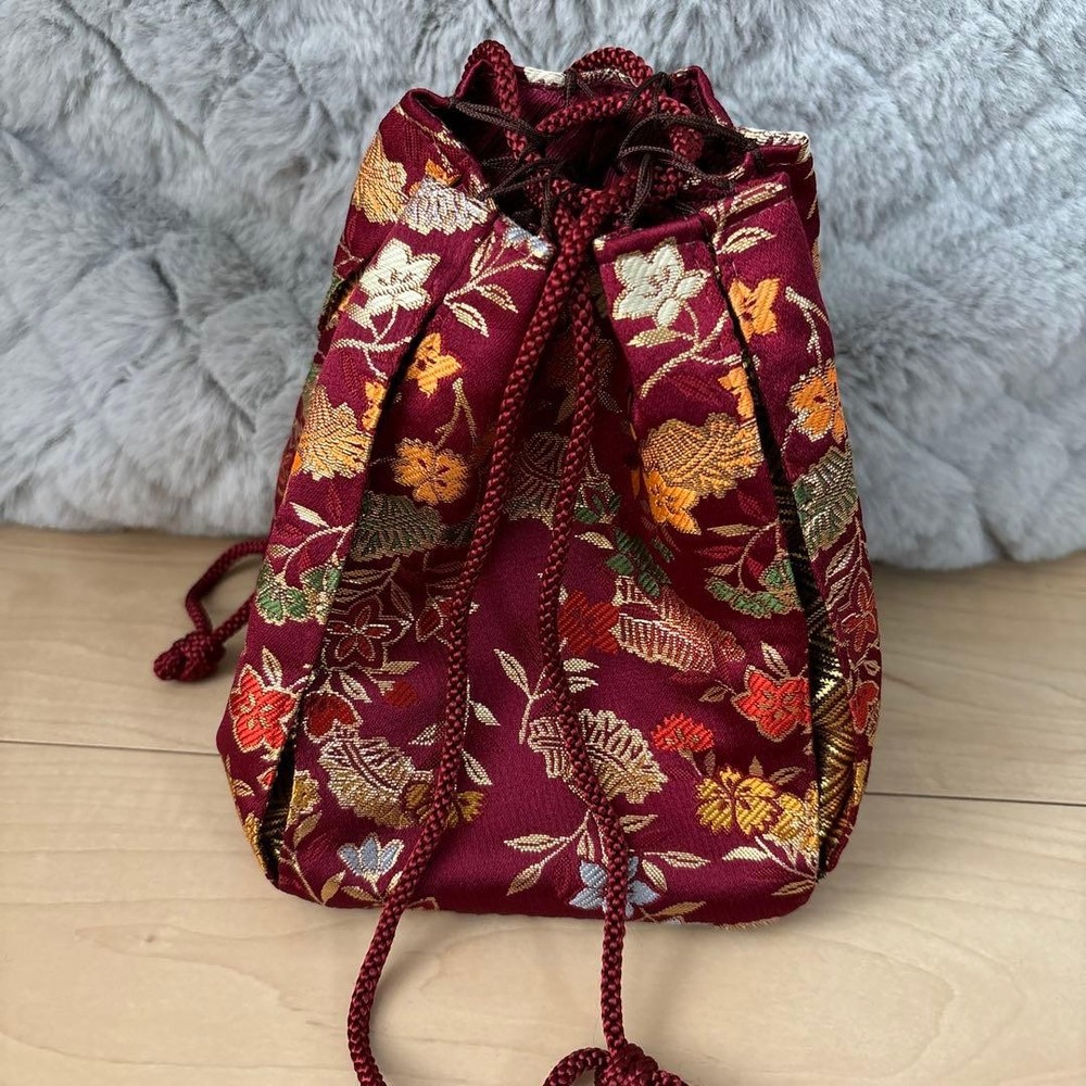 Japanese Kimono Bag Japanese Style Red Floral Pattern Drawstring Retro