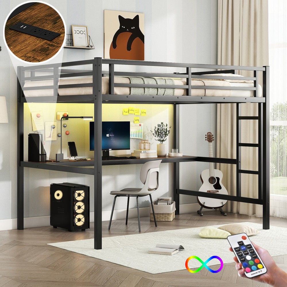 Metal Full Size Loft Bed with Power Outlet and LED Lighted, Space-Saving, Black