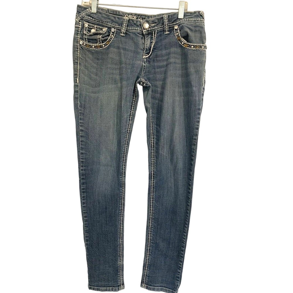 Grace In LA Blue Studded Skinny Jeans with Embellished Flap Pockets 11/32