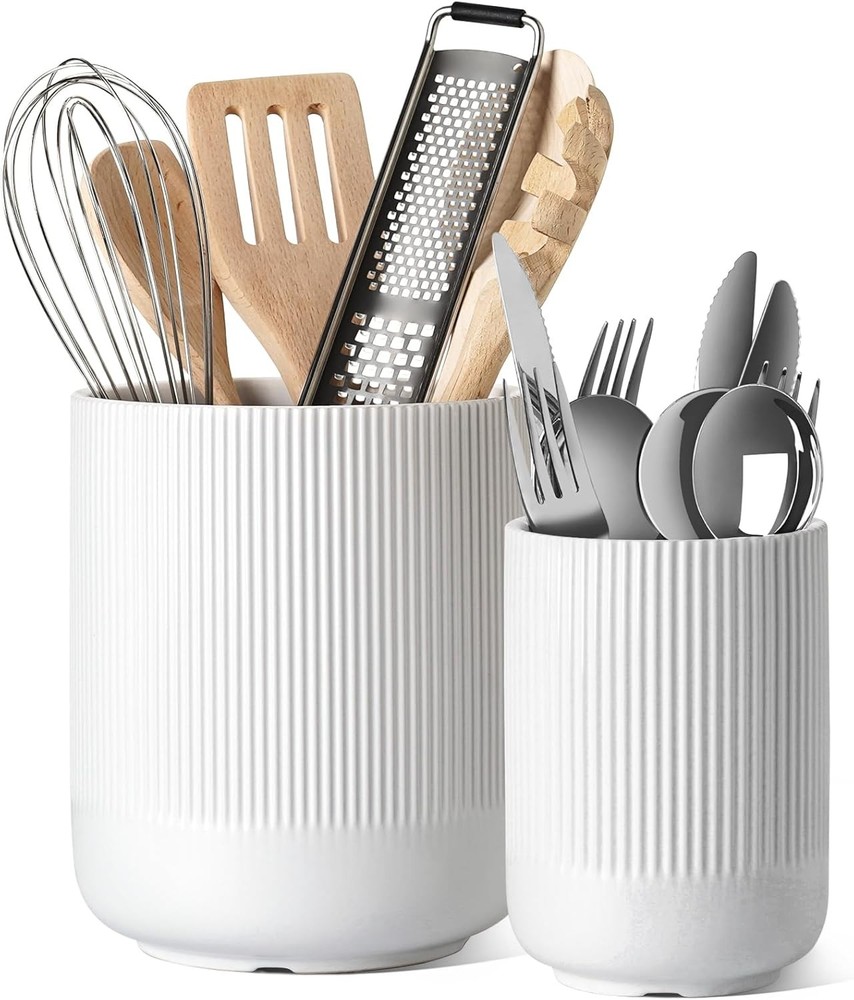 LE TAUCI Ceramic Utensil Holder Set of 2, Large Kitchen Countertop Utensil