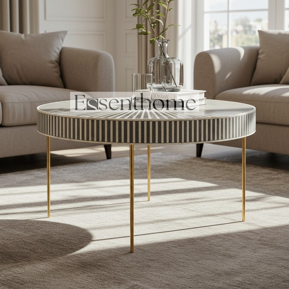 Gray Bone Inlay Round Accent Coffee Table – Handmade Floral Pattern with Gold