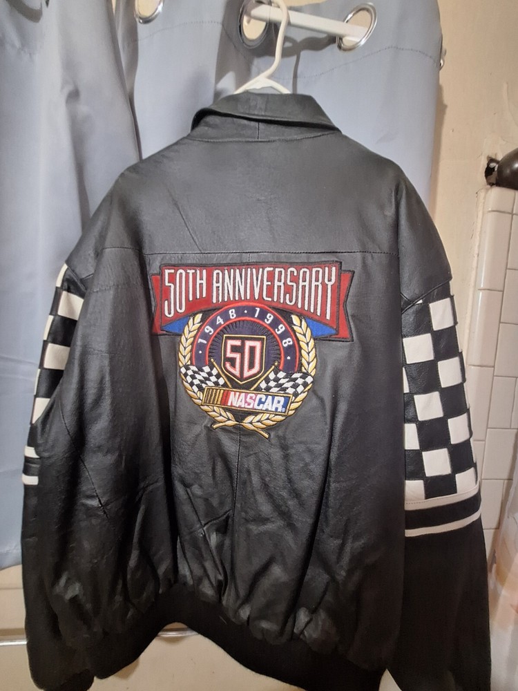 Vintage Jeff Hamilton NASCAR 50th Anniversary Black Leather Jacket XXL Racing Collectible