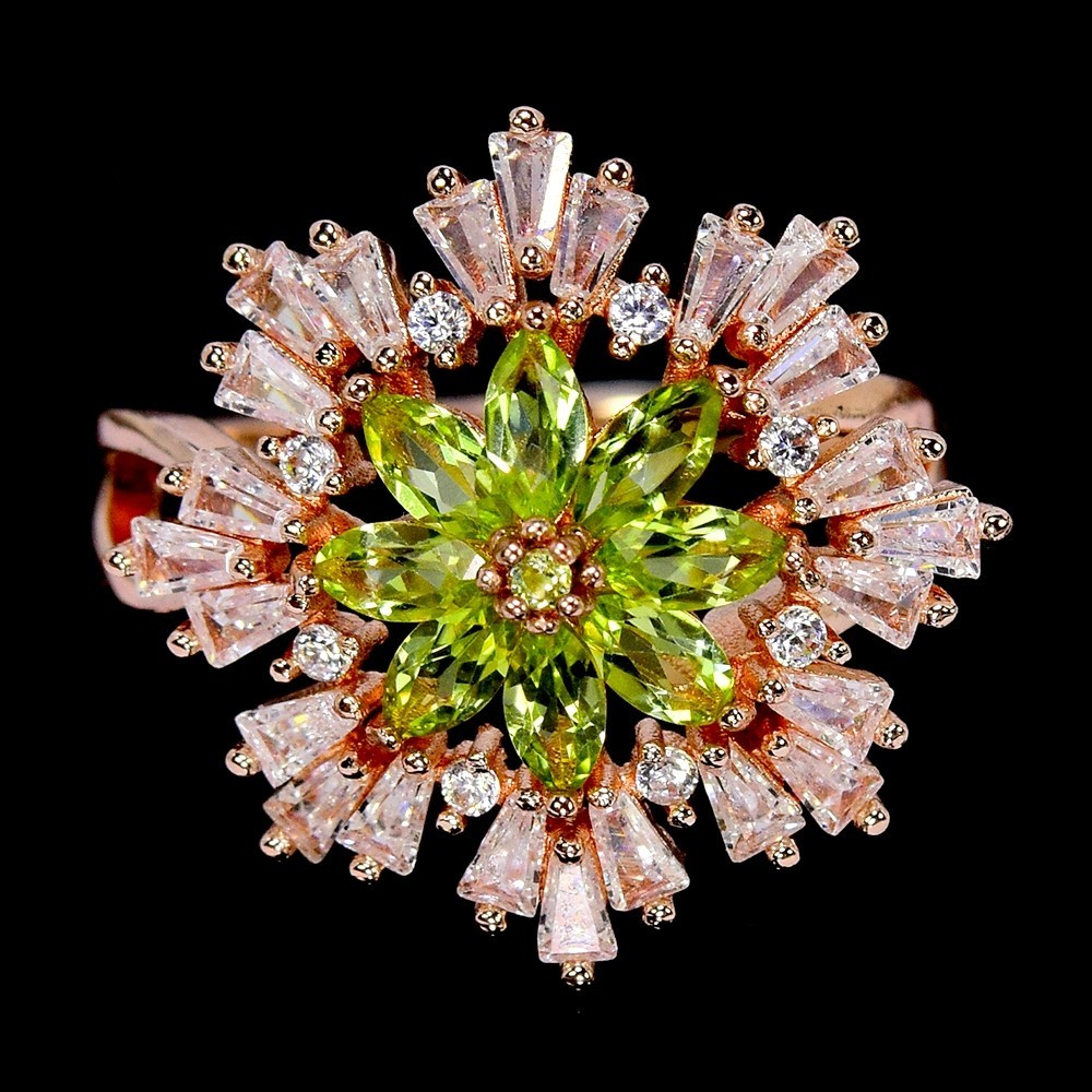 GENUINE AAA GREEN PEIDOT & WHITE CZ  STERLING 925 SILVER RING SIZE 9.25-10