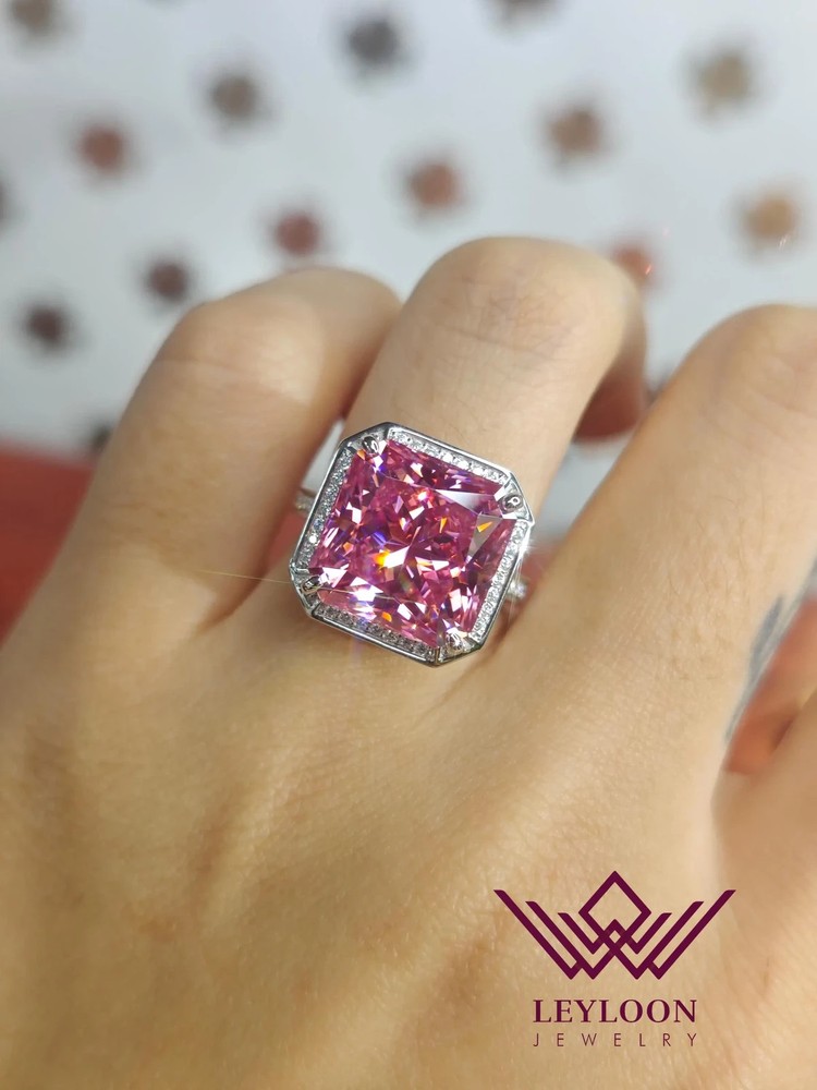 8 Carat Pink Radiant Cut Bead-set Double Edge Halo Pave 14K Moissanite Ring