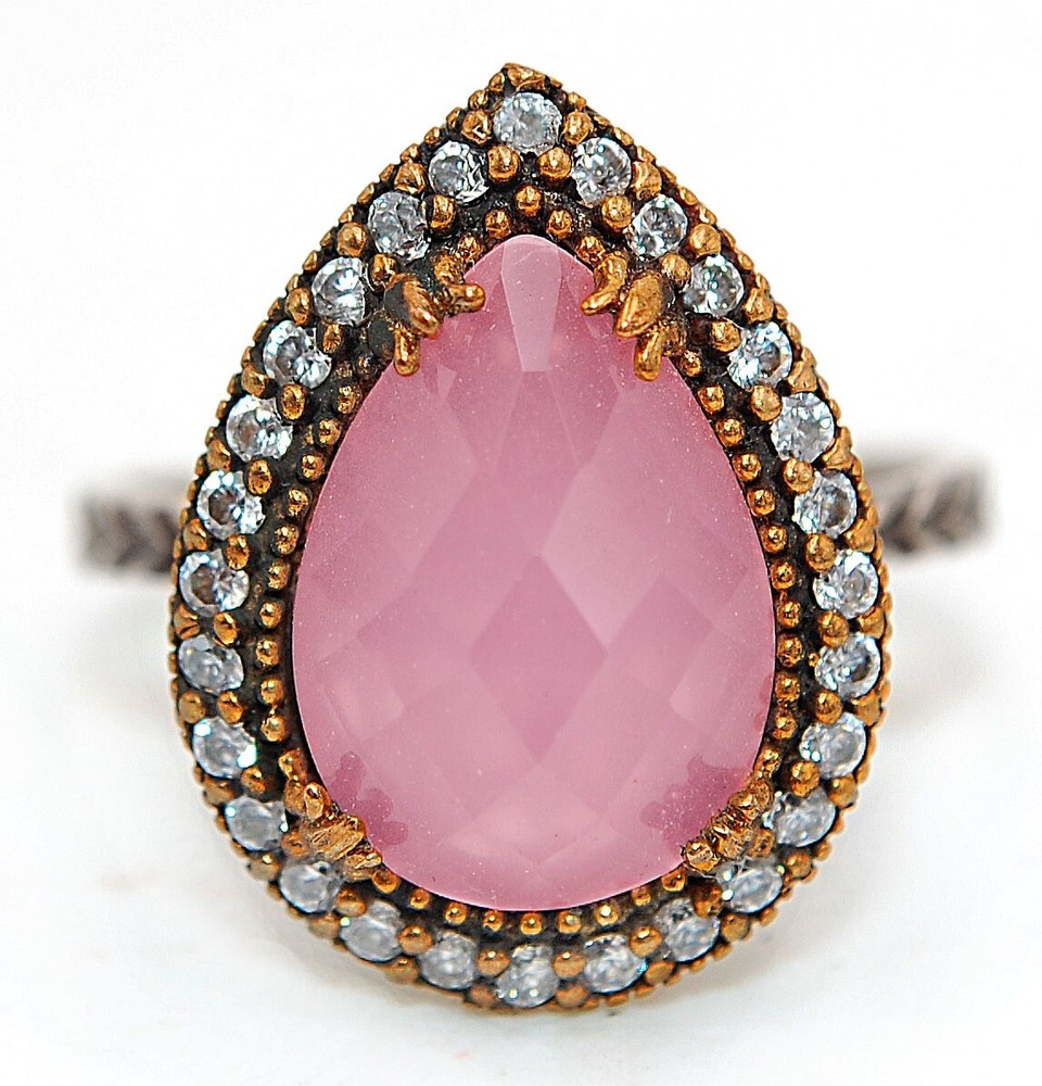 Vintage Ottoman Empire Rose Quartz 925 Sterling Silver Ring Size 8.5 HB3-5