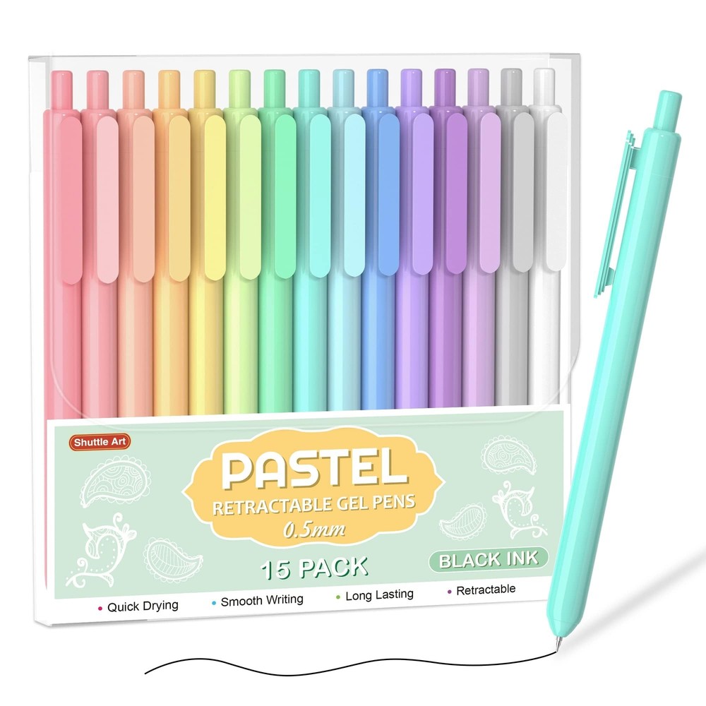 Shuttle Art Retractable Pastel Gel Ink Pens 15 Pack Black Ink Pens Cute Pens ...