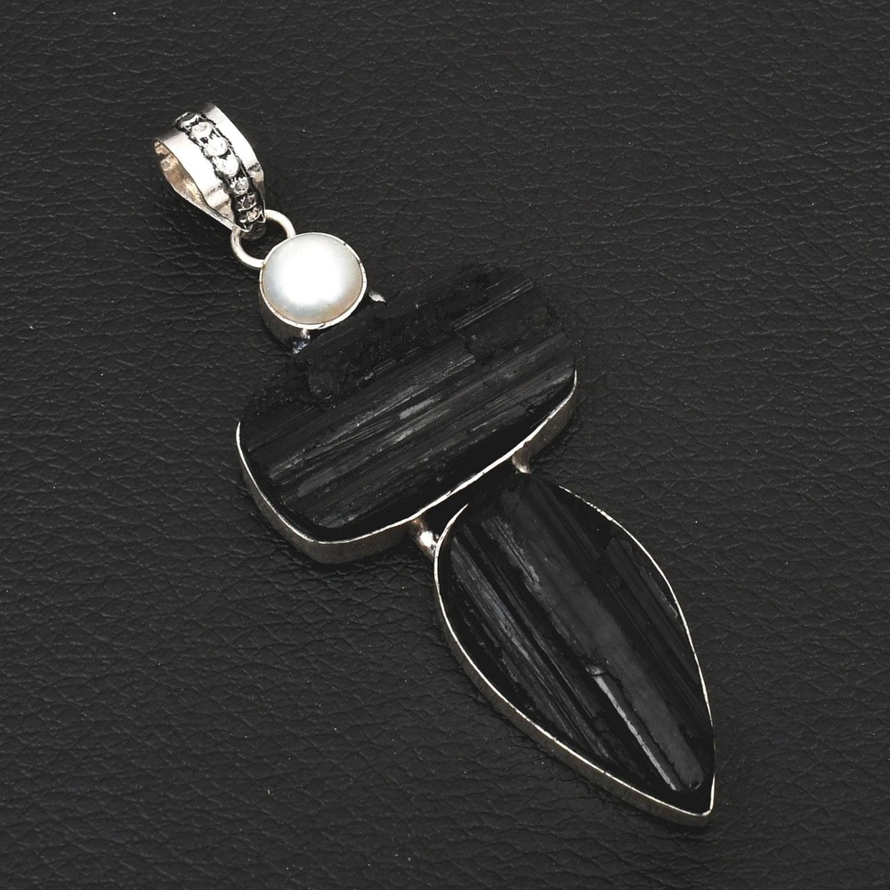 Black Tourmaline Pearl Gemstone Handmade Pendant Necklace Gift 3.04 Inches AP-36135