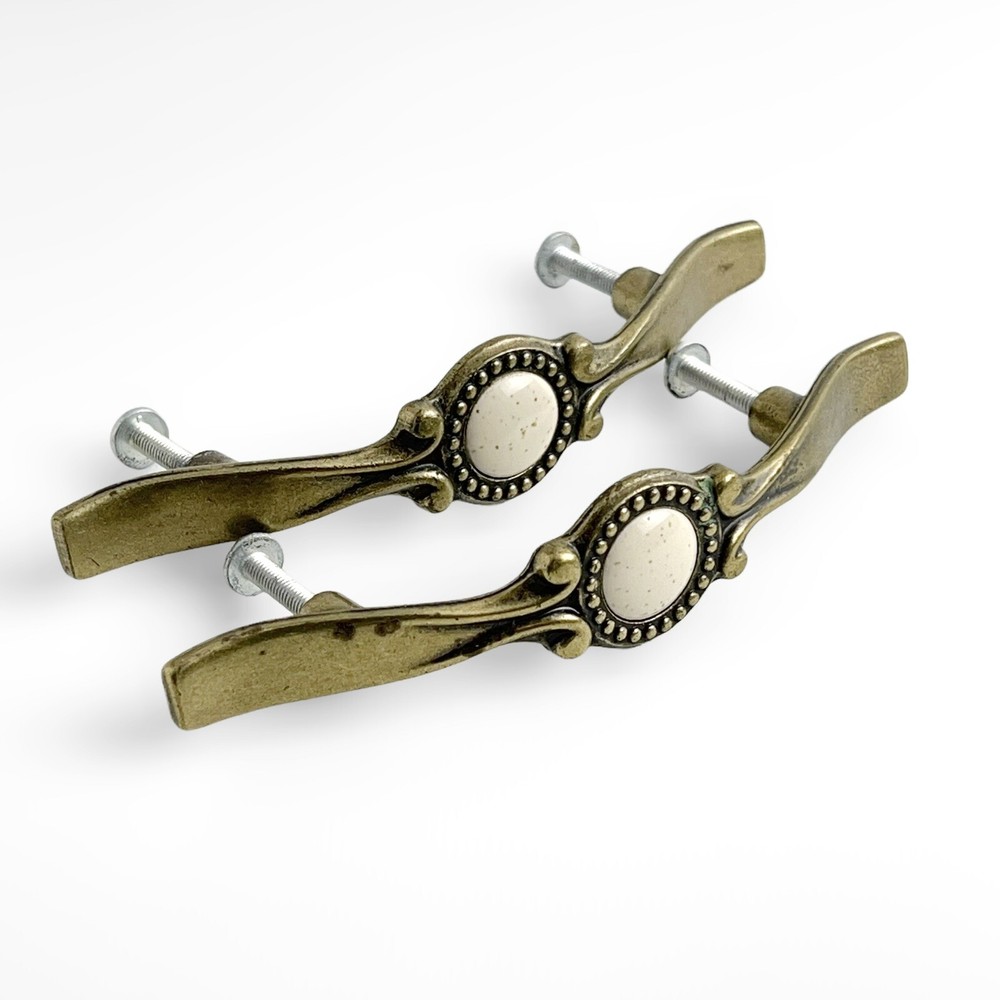 1978 CANADA set of 2 brass porcelain door drawer pulls handles knobs hardware