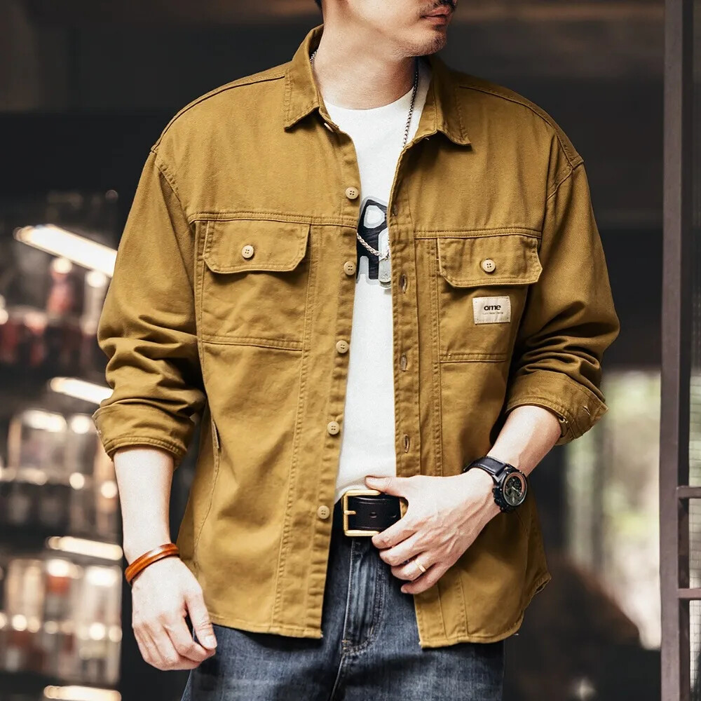 Mens Jacket Harajuku Style Cotton Long Sleeve Lapel Lightweight Casual Jackets